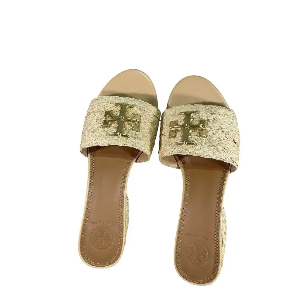 Tory Burch Everly Leather Heel Block Sandal- Raffia Material Size 6M - Picture 6 of 10